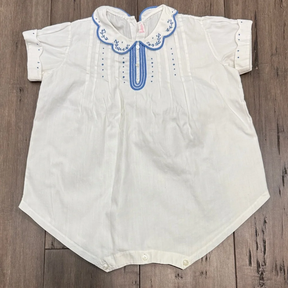 Vintage handmade White‎ Baby Romper with Blue Embroidery